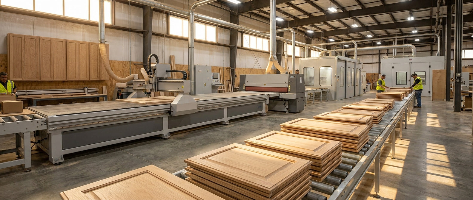 A wide-angle view of an industrial cabinet door production line featuring CNC, profile sanding, and finishing equipment under bright factory lighting with freshly machined wood panels moving along a conveyor.