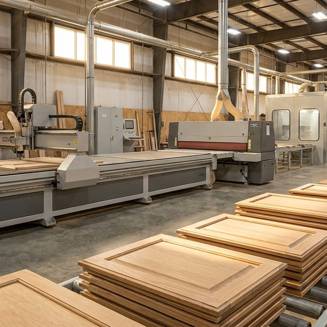 A wide-angle view of an industrial cabinet door production line featuring CNC, profile sanding, and finishing equipment under bright factory lighting with freshly machined wood panels moving along a conveyor.
