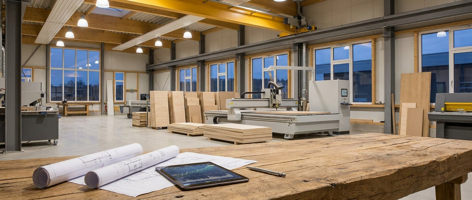 A modern woodworking manufacturing floor with a CNC machine in the background and engineering blueprints and a tablet on a workbench in the foreground, suggesting strategic capital investment planning.