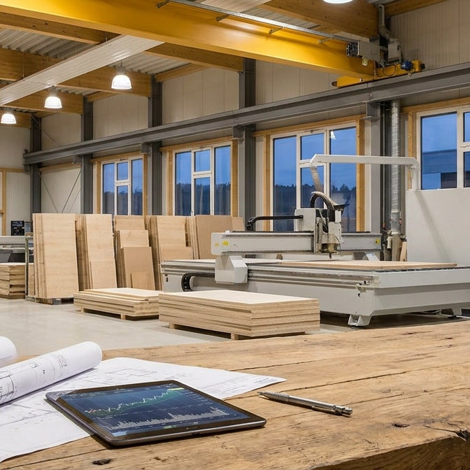 A modern woodworking manufacturing floor with a CNC machine in the background and engineering blueprints and a tablet on a workbench in the foreground, suggesting strategic capital investment planning.