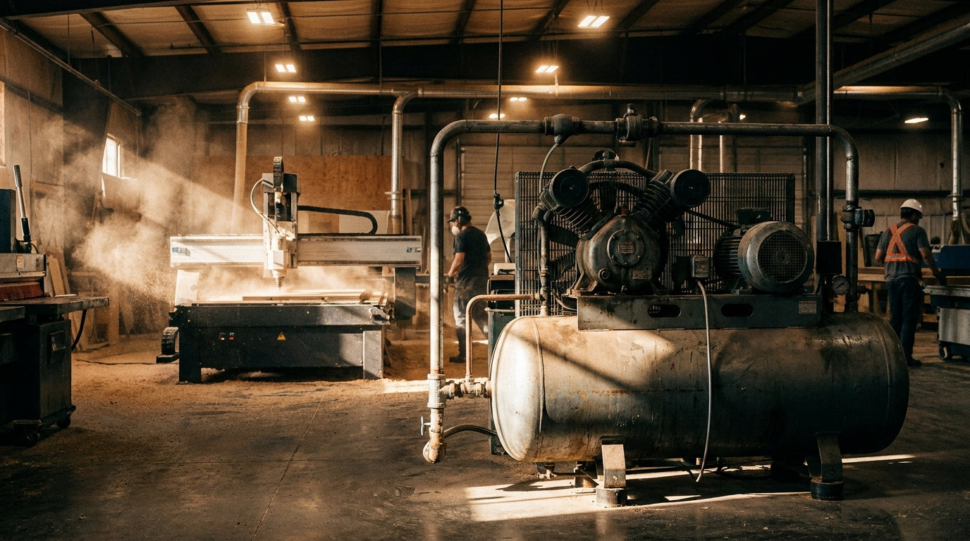 An industrial woodworking shop floor featuring a large air compressor in the foreground with a CNC router operating in the background under dramatic overhead lighting.