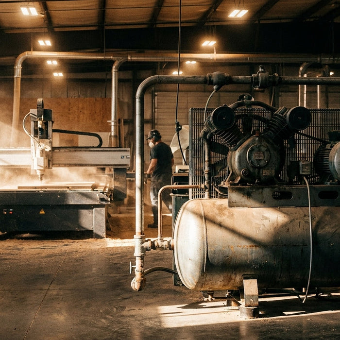 An industrial woodworking shop floor featuring a large air compressor in the foreground with a CNC router operating in the background under dramatic overhead lighting.