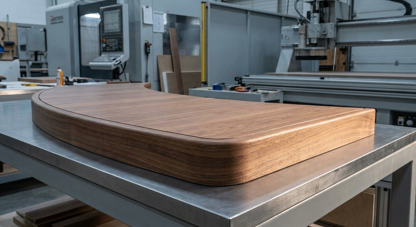 A curved wood cabinet panel with smooth contour edgebanding resting on a worksurface inside a professional cabinet shop with machinery in the background.