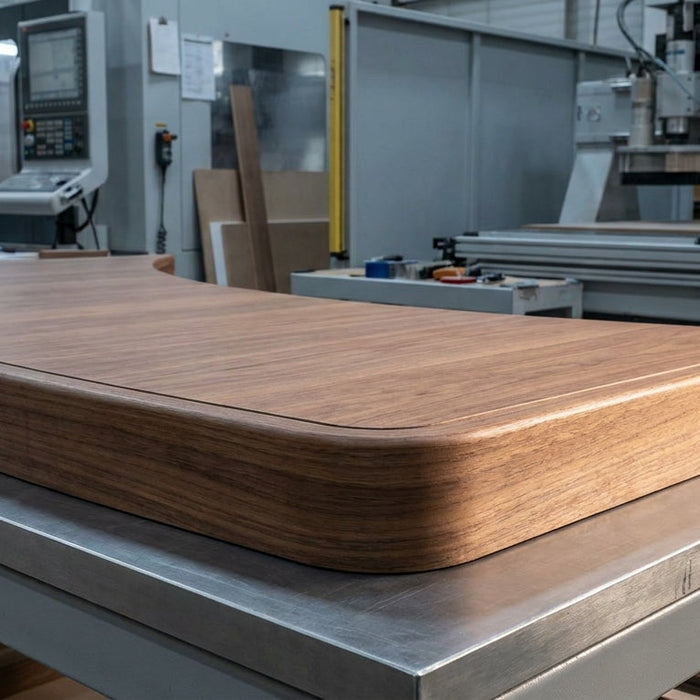 A curved wood cabinet panel with smooth contour edgebanding resting on a worksurface inside a professional cabinet shop with machinery in the background.