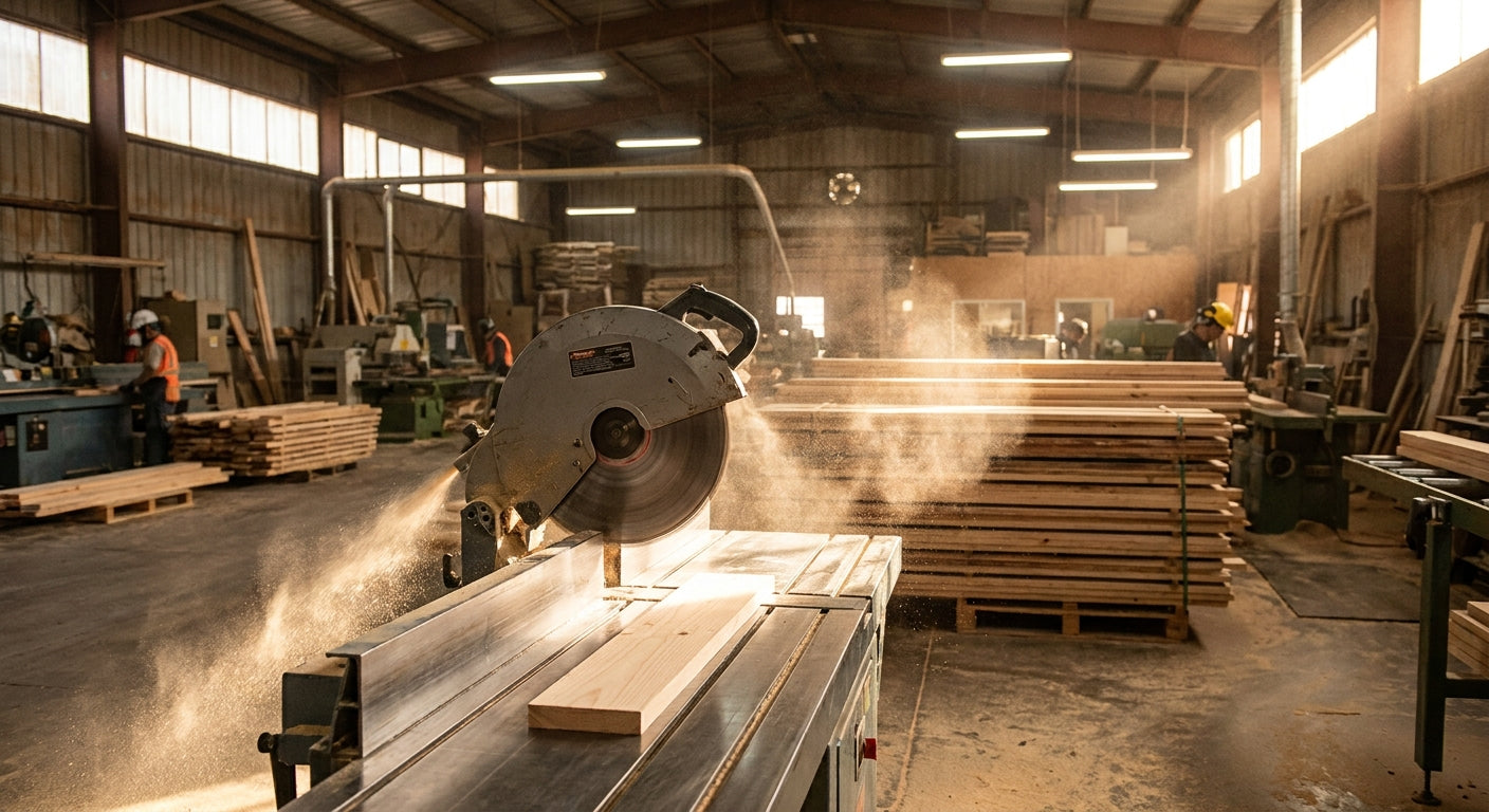 An industrial cutoff saw in a high-volume millwork production facility, with a board positioned for cutting under dramatic overhead factory lighting.