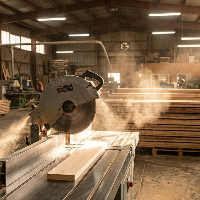 An industrial cutoff saw in a high-volume millwork production facility, with a board positioned for cutting under dramatic overhead factory lighting.