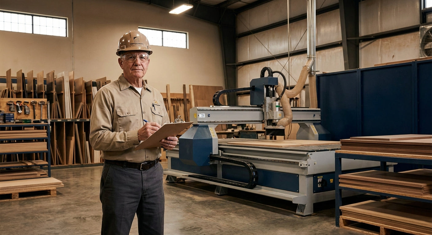 A professional evaluating equipment in a modern industrial woodworking facility with a large CNC router machine in the background.