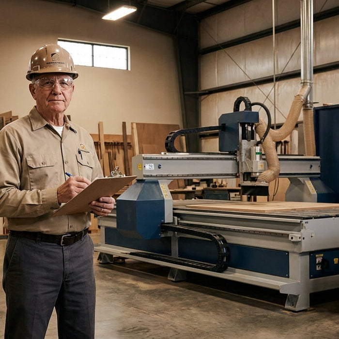 A professional evaluating equipment in a modern industrial woodworking facility with a large CNC router machine in the background.