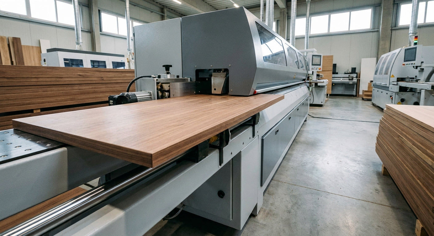 A close-up editorial shot of an industrial edgebander machine processing a wood panel in a modern production woodworking facility, highlighting the seamless edge finish.