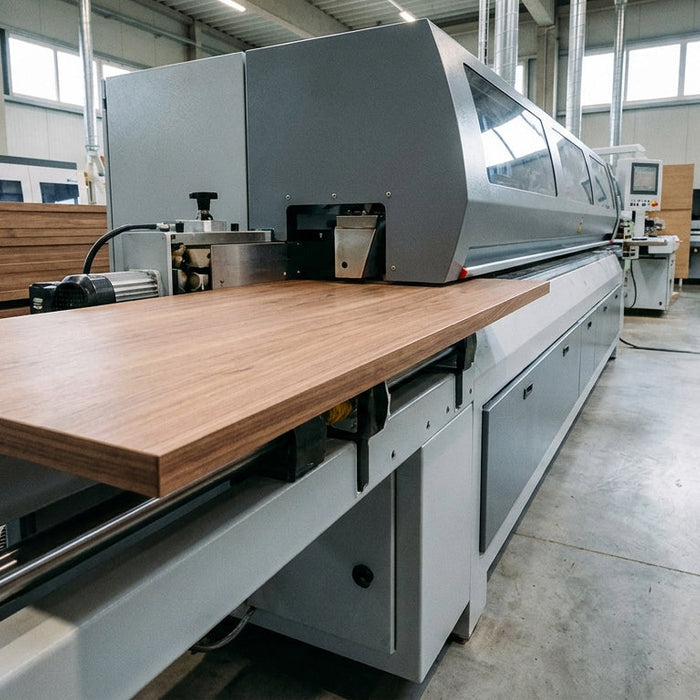 A close-up editorial shot of an industrial edgebander machine processing a wood panel in a modern production woodworking facility, highlighting the seamless edge finish.