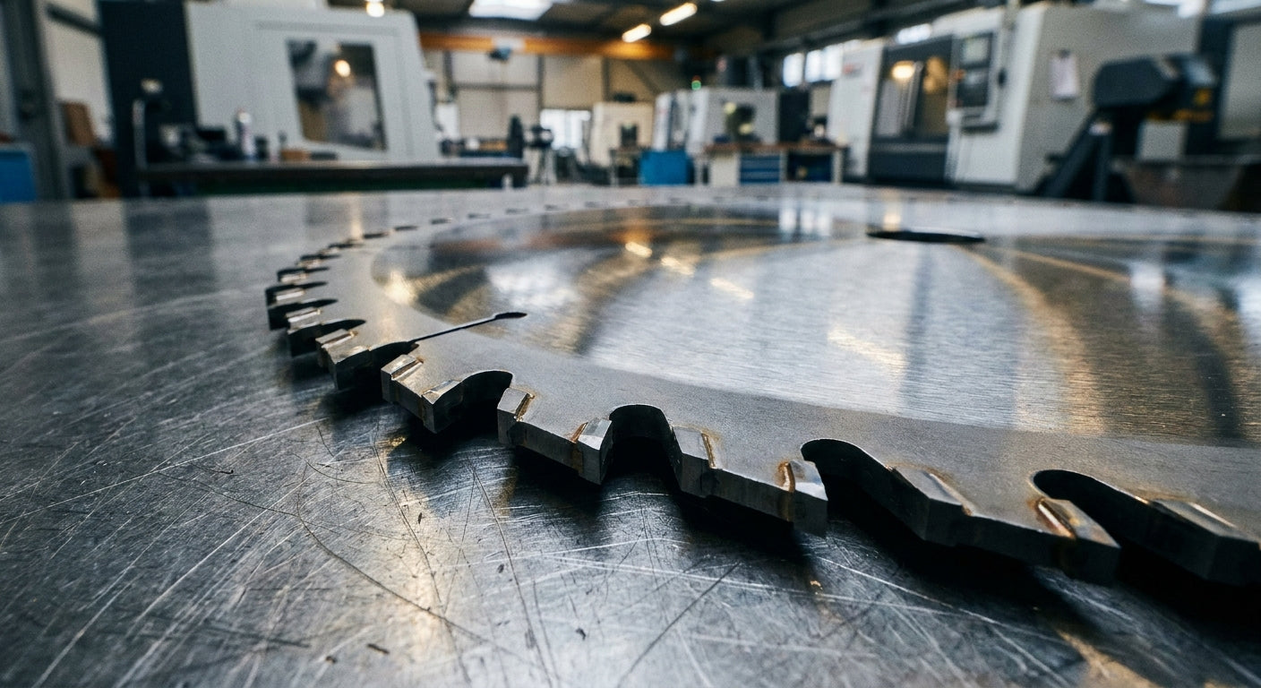 A large industrial circular saw blade with tungsten carbide teeth resting on a steel workshop surface in a production woodworking facility.