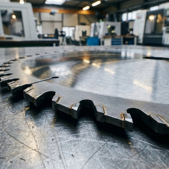A large industrial circular saw blade with tungsten carbide teeth resting on a steel workshop surface in a production woodworking facility.