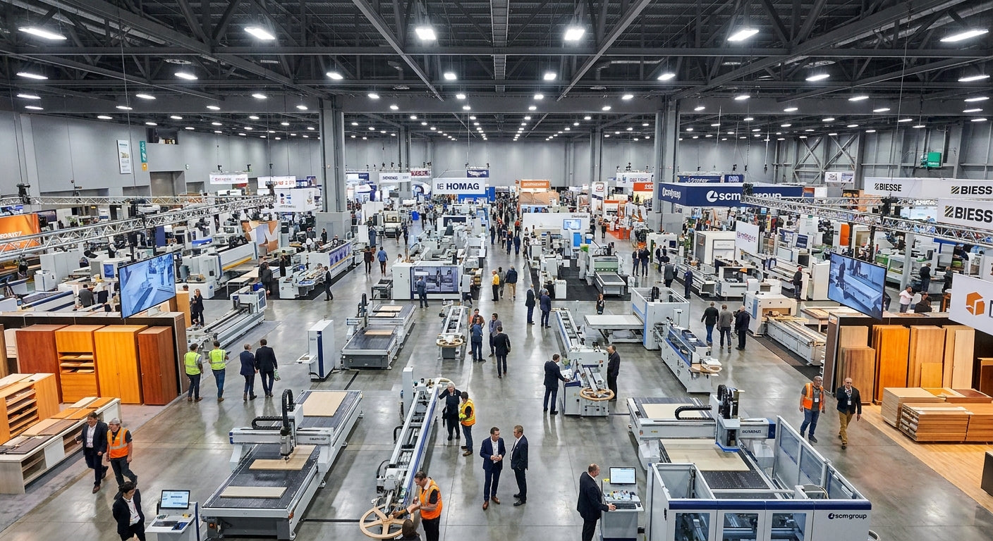 A vast industrial trade show exhibition hall filled with rows of gleaming woodworking machinery stretching into the distance under bright overhead lighting.