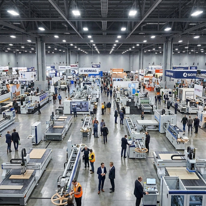 A vast industrial trade show exhibition hall filled with rows of gleaming woodworking machinery stretching into the distance under bright overhead lighting.