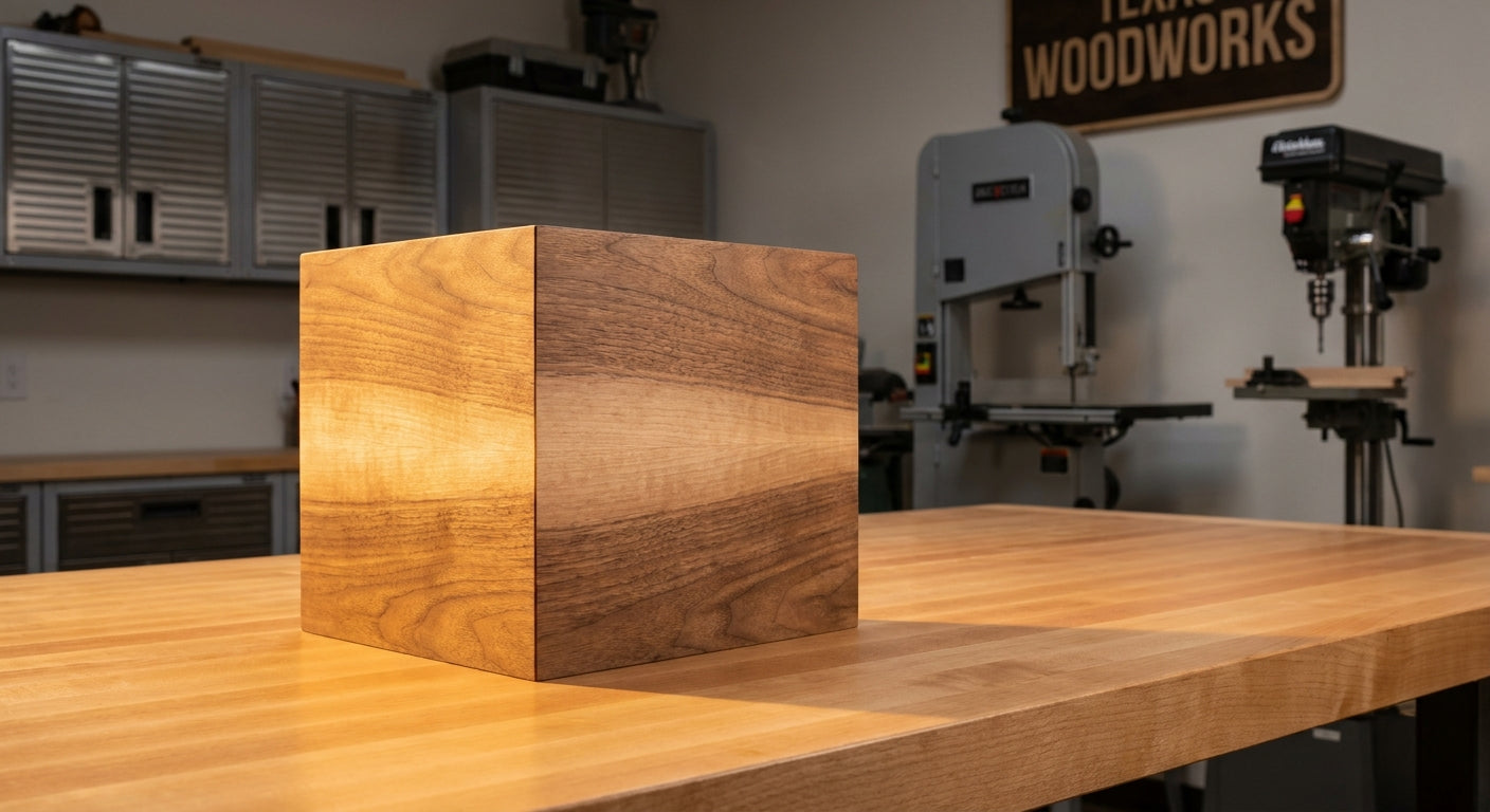A seamless invisible wood panel joint on a clean workshop surface, illuminated by warm studio lighting to highlight the precision of the joinery.