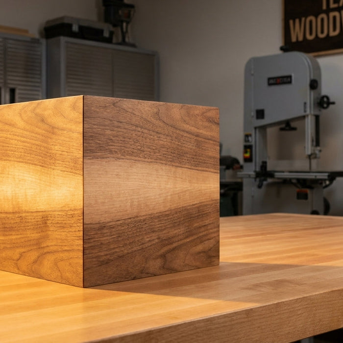 A seamless invisible wood panel joint on a clean workshop surface, illuminated by warm studio lighting to highlight the precision of the joinery.