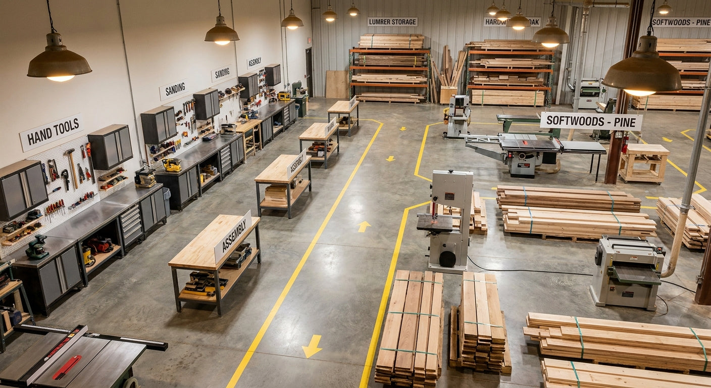 An organized industrial woodworking shop floor viewed from above, featuring structured workstations, sorted lumber, and clearly marked production pathways.