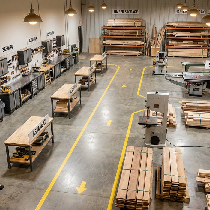 An organized industrial woodworking shop floor viewed from above, featuring structured workstations, sorted lumber, and clearly marked production pathways.