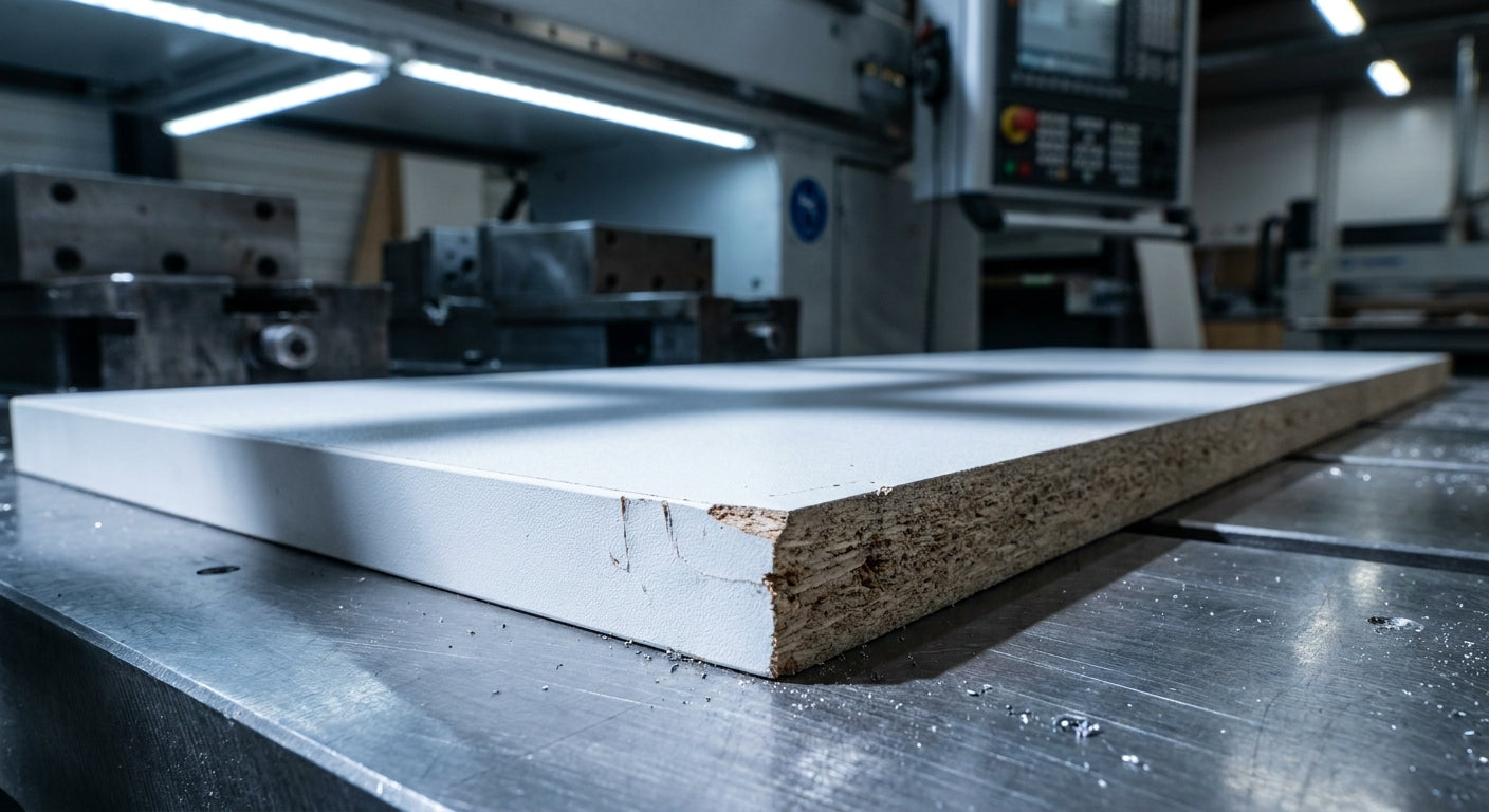 Close-up of a melamine panel edge on a CNC machine table showing clean surface and chipped cut edge under industrial workshop lighting.