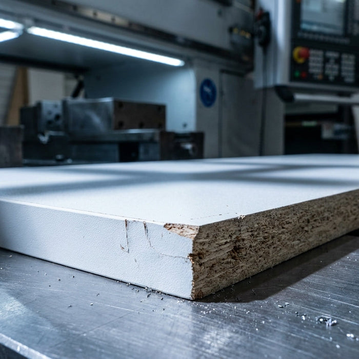 Close-up of a melamine panel edge on a CNC machine table showing clean surface and chipped cut edge under industrial workshop lighting.