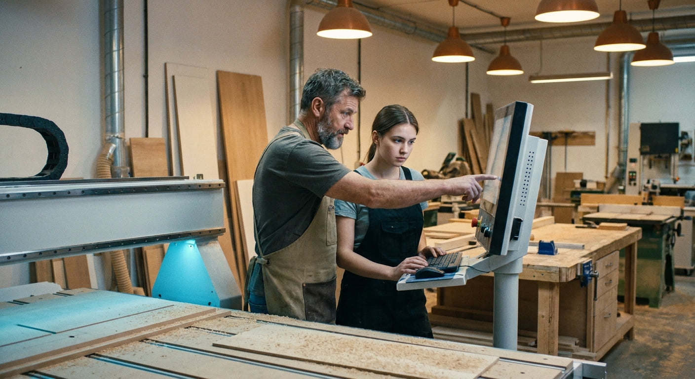 A woodworking instructor mentors a young apprentice at a modern CNC router inside a professional production facility.