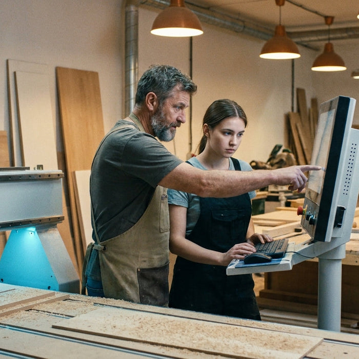A woodworking instructor mentors a young apprentice at a modern CNC router inside a professional production facility.
