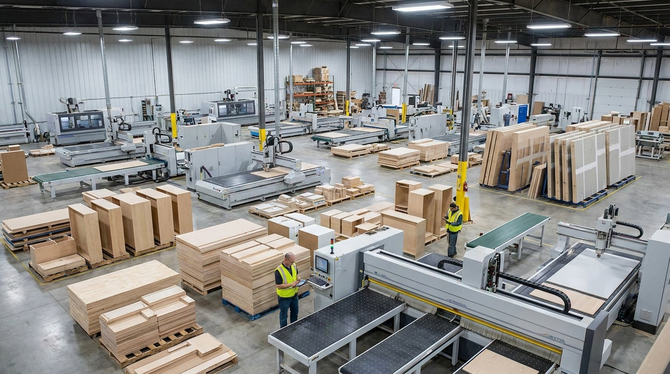 A wide-angle view of a modern industrial millwork facility with CNC machinery and stacked modular cabinet components under bright overhead lighting.