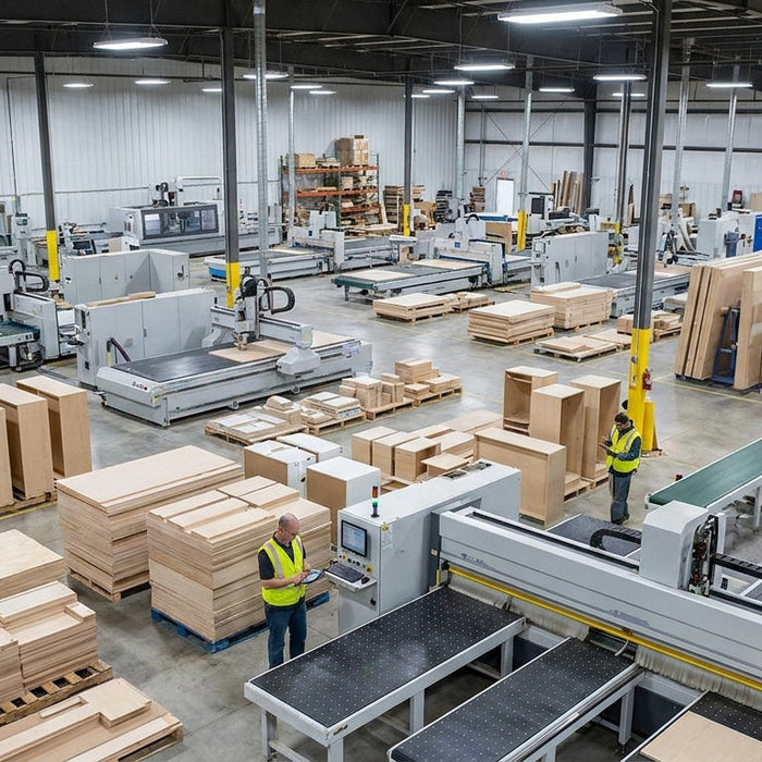 A wide-angle view of a modern industrial millwork facility with CNC machinery and stacked modular cabinet components under bright overhead lighting.