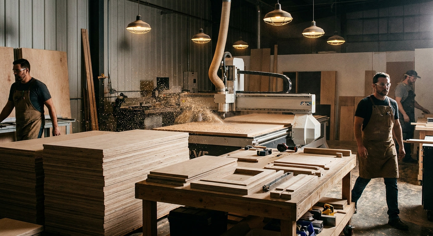 A CNC router cutting sheet goods on a cabinet shop production floor surrounded by stacked plywood panels and precision-cut cabinet parts under warm industrial lighting.