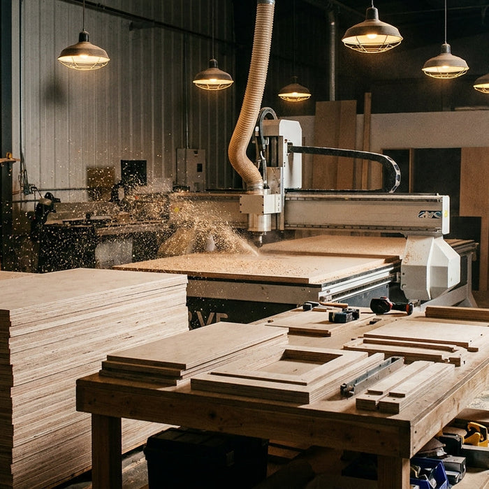 A CNC router cutting sheet goods on a cabinet shop production floor surrounded by stacked plywood panels and precision-cut cabinet parts under warm industrial lighting.