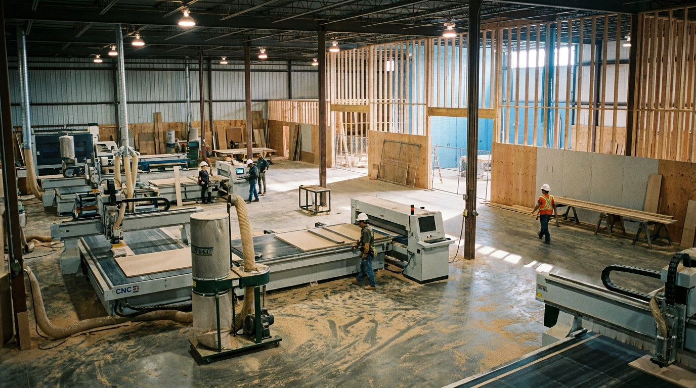 An active industrial woodworking production floor with CNC machinery running in the foreground while new construction framing is visible in the background, showing shop expansion in progress without halting operations.