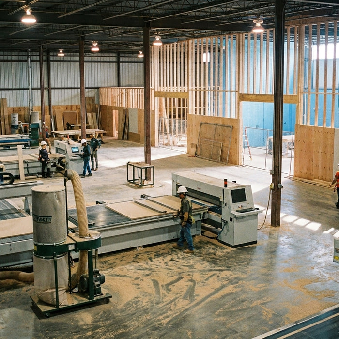 An active industrial woodworking production floor with CNC machinery running in the foreground while new construction framing is visible in the background, showing shop expansion in progress without halting operations.