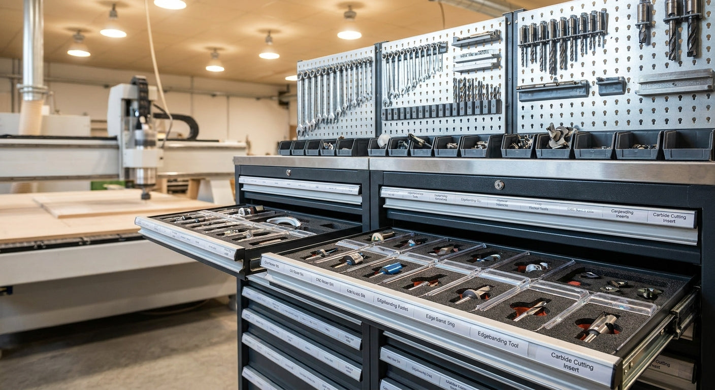 An organized industrial tooling crib with CNC router bits and edgebanding tools neatly arranged in foam-lined drawers, with a CNC router visible in the background of a professional woodworking facility.