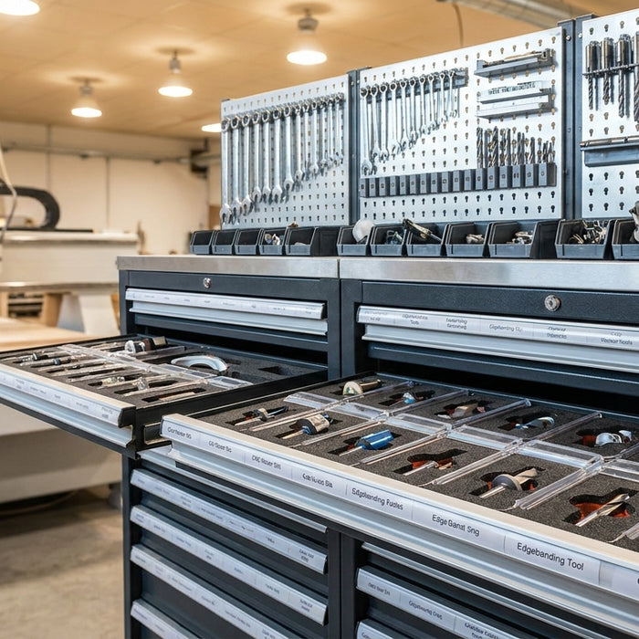 An organized industrial tooling crib with CNC router bits and edgebanding tools neatly arranged in foam-lined drawers, with a CNC router visible in the background of a professional woodworking facility.