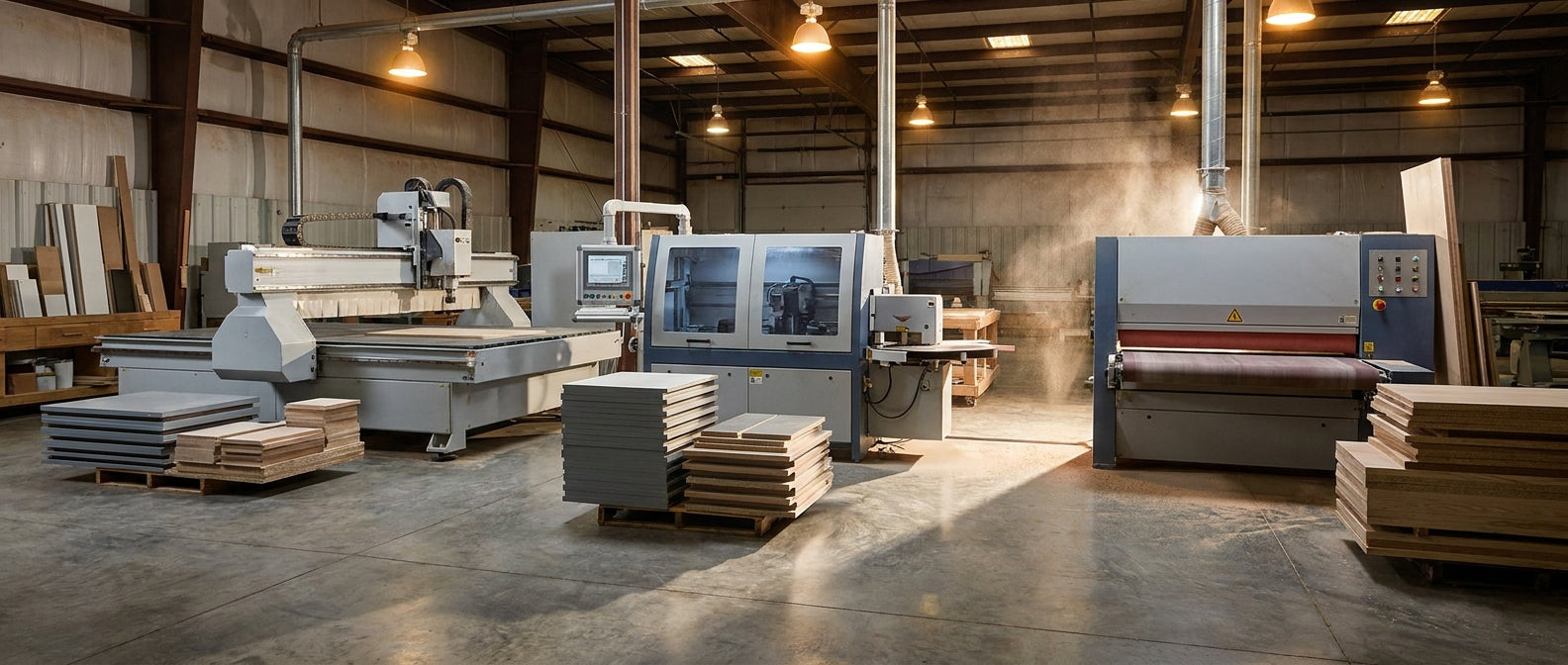 An industrial woodworking production cell featuring a CNC router, edgebander, and wide belt sander under warm factory lighting with stacked cabinet panels on a polished concrete floor.