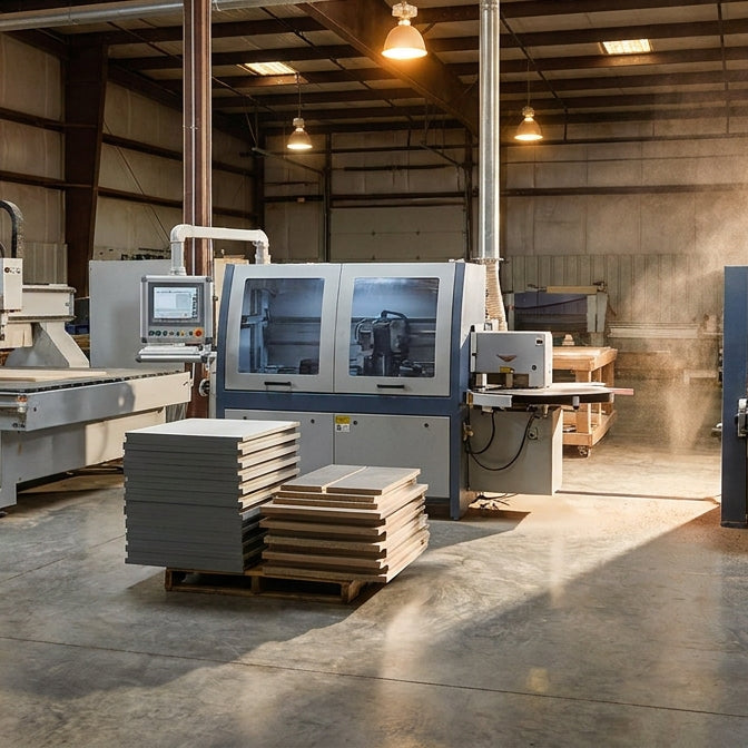 An industrial woodworking production cell featuring a CNC router, edgebander, and wide belt sander under warm factory lighting with stacked cabinet panels on a polished concrete floor.